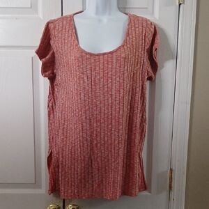 Living Doll Women's Ribbed Red White Short Sleeve Top Sz 1X EUC